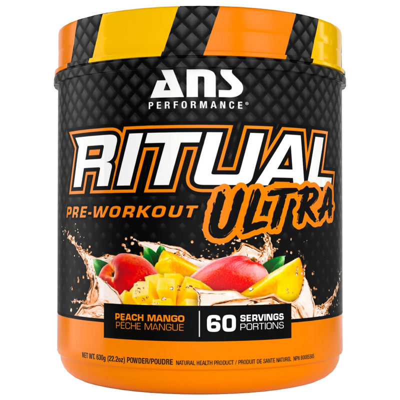 ANS Performance Ritual Ultra pre-workout supplement container with fruit illustration on a white background
