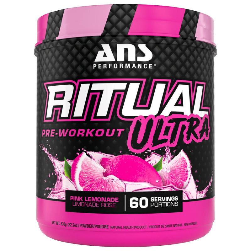 ANS Performance Ritual Ultra pre-workout supplement container with pink lemonade flavor on a white background