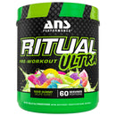 ANS Performance Ritual Ultra pre-workout powder container with colorful gummy bears on a white background
