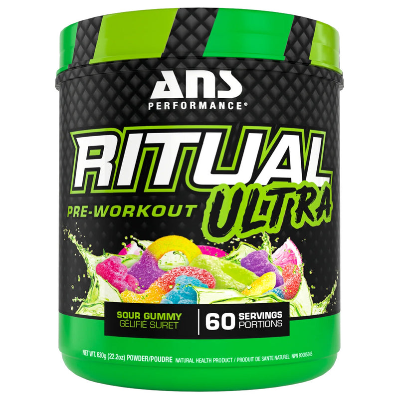 ANS Performance Ritual Ultra pre-workout powder container with colorful gummy bears on a white background