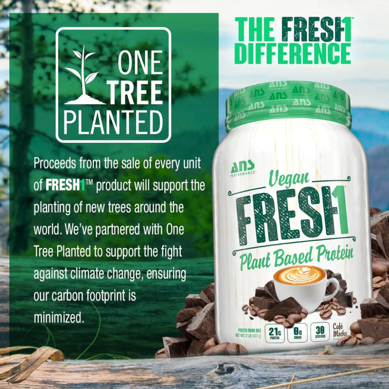ANS Performance Fresh1 Vegan Protein 2 lbs image of marketing for planting trees. Fresh1 Vegan Plant Protein is a delicious blend of 5 different protein sources. 