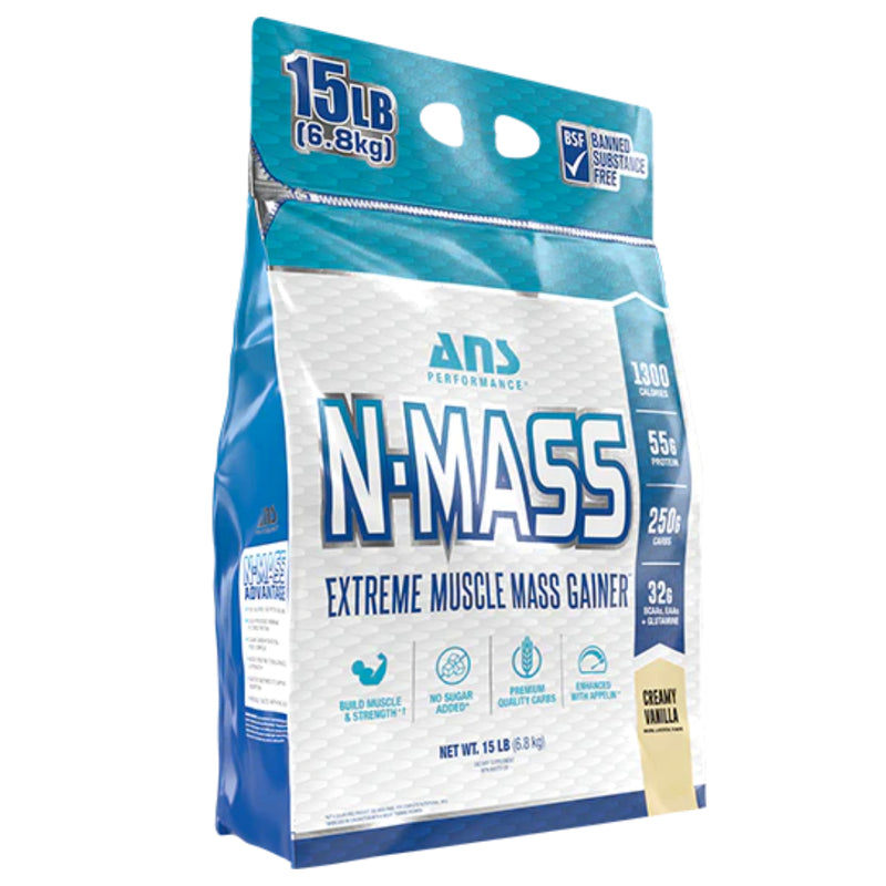 Buy Now! ANS Performance N-Mass (15 lbs) Creamy Vanilla. N-MASS™ muscle mass gainer provides a convenient way to consume 1,300 high quality calories derived from 55g protein, 250g of carbohydrates and 9g fat; with added creatine monohydrate and Appelin™ in every serving.