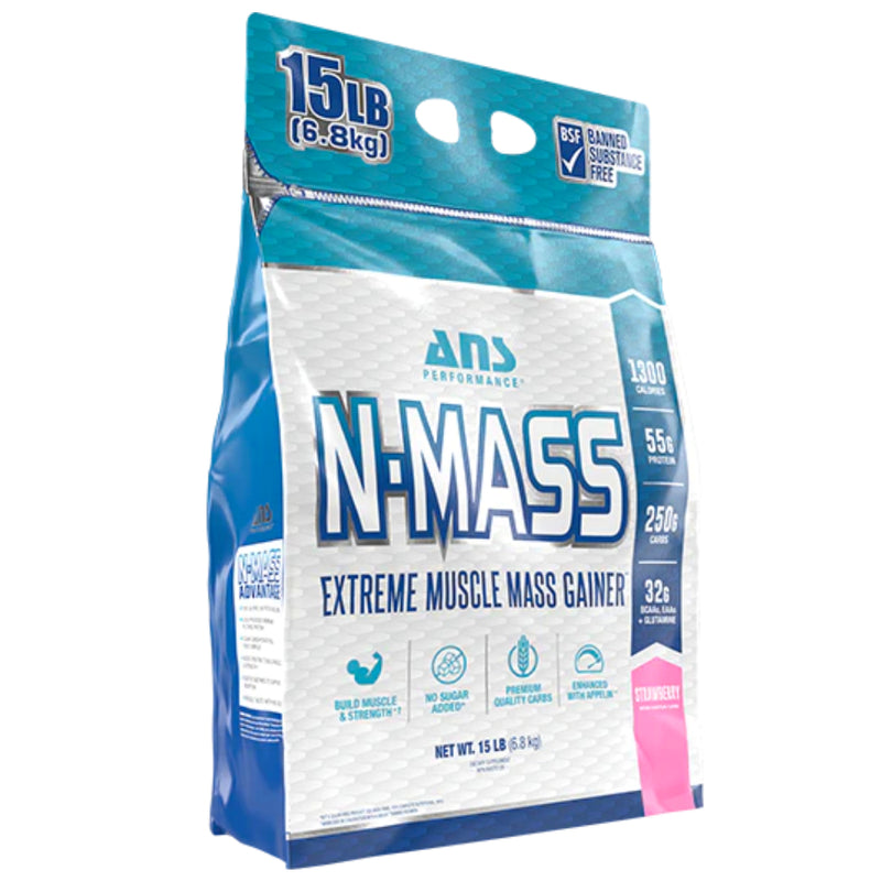 Buy Now! ANS Performance N-Mass (15 lbs) Strawberry. N-MASS™ muscle mass gainer provides a convenient way to consume 1,300 high quality calories derived from 55g protein, 250g of carbohydrates and 9g fat; with added creatine monohydrate and Appelin™ in every serving.