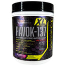 A container of Athletic Alliance HAVOK-137 Anabolic Pre-Workout supplement with branding and information about the product.