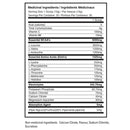 Nutritional label for a supplement with detailed ingredient list and serving size.