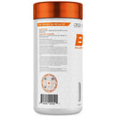 Supplement container with orange lid and white label on a white background