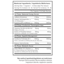 Nutritional supplement label with detailed ingredient list and dosages on a white background.