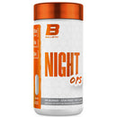 A white plastic supplement bottle with a metallic orange cap, featuring the brand 'Ballistic' and the product name 'Night Ops' in bold orange text on a white background with a subtle honeycomb pattern.