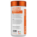 Back view of a white supplement bottle with a bright orange cap and orange label accents, showing product details and text on a white background.