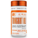 A bottle of Ballistic Labs Tongkat Ali 200:1 Extract in white and orange packaging, containing 60 capsules, with product information displayed prominently on the label.