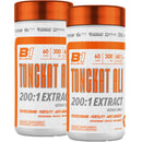 Two bottles of Ballistic Labs Tongkat Ali 200:1 Extract capsules, each containing 60 capsules, with orange and white labeling.