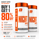 Two white supplement bottles with orange caps labeled 'BALLISTIC Night Ops PM Burner' on a white background, alongside promotional text reading 'Night Ops PM Burner', 'Buy 1 Get 1', '80% off', and feature callouts.