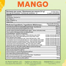 Nutritional label for a product with mango flavor, showing ingredients and nutritional information.