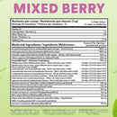 Nutritional label for a product labeled 'Mixed Berry' with ingredients and nutritional information.