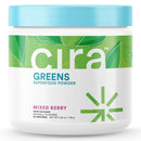 Cira Greens Superfood Powder container with blue lid and green label on a white background
