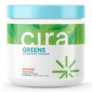 Cira Greens Superfood Powder container with blue lid and green label on a white background