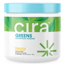 Cira Greens Superfood Powder container with blue lid and green label on a white background