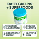 Cira Greens supplement jar with health benefits on a light green background