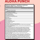 Nutritional label for 'Aloha Punch' with medicinal ingredients on a pink background