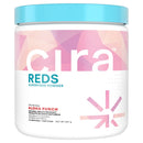 Cira Reds superfood powder container with a blue lid on a white background
