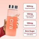 Cira superfood blend bottle held by a hand with product details on a pink background