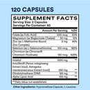 Supplement facts label with detailed nutritional information on a blue background