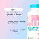 Supplement bottle labeled 'Cure Symmetry' with text about inositol on a gradient background