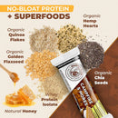 Dairy-Free Performance Line protein bars with ingredients like organic hemp hearts, quinoa flakes, golden flaxseed, chia seeds, and honey.