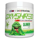 Container of EHP Labs OxyShred Ghostbusters Series pre-workout supplement with an illustration of the character Slimer from Ghostbusters on the label.