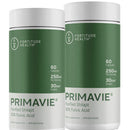 Two containers of Fortitude Health Primavie (60 fulvic acid) supplement, with one labeled 60 fulvic acid and the other 250 mg. Both containers are green and white with text detailing the product's use and contents.