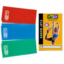 Three latex flat bands colored red (light), blue (medium), and green (heavy) with a training manual displayed.