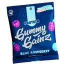 Blue package of Gummy Gainz Blue Raspberry protein gummy bears with visible branding.