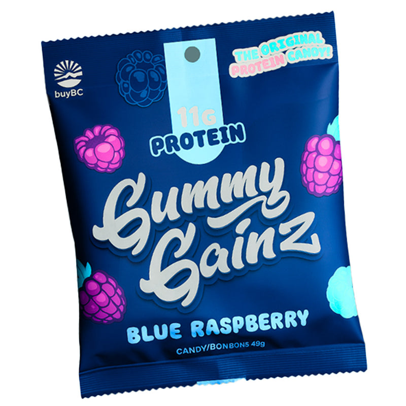 Blue package of Gummy Gainz Blue Raspberry protein gummy bears with visible branding.