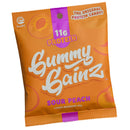 Gummy Gainz package of sour peach candy in a peach colored bag on white background