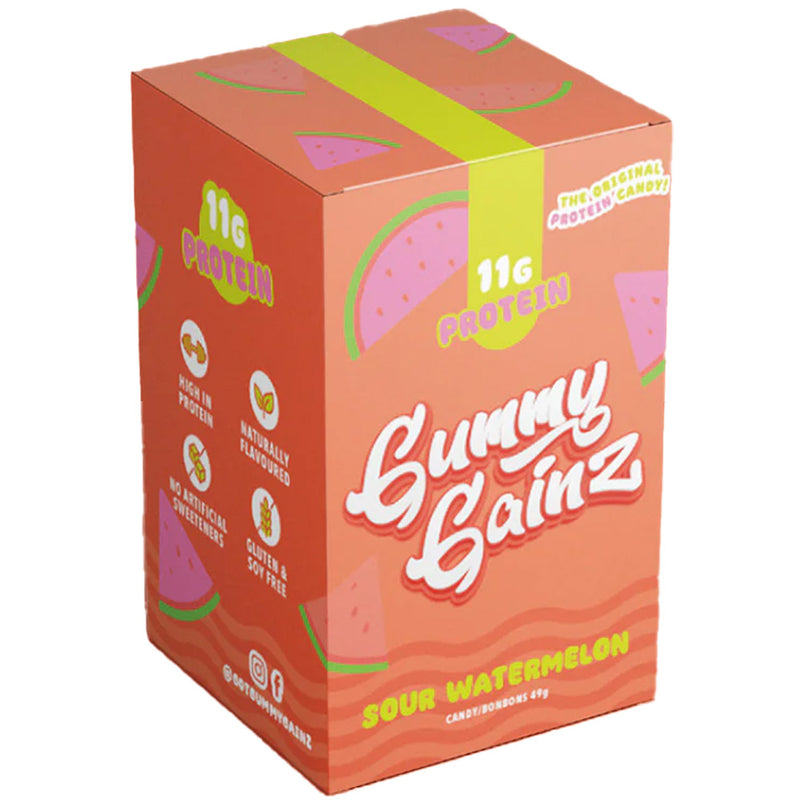 Box of Gummy Gainz Sour Watermelon protein gummies on a white background