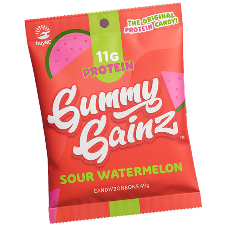 Gummy Bainz Sour Watermelon protein candy package on a white background