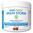 Jar of ImmuneGY Brain Storm supplement with cherry and lime graphics on a white background