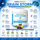 ImmuneGY Brain Storm supplement container with product details and benefits on a blue and white background.