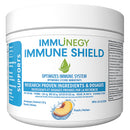 Container of Immune Shield supplement with peach flavor on a white background