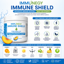 Immune Shield supplement container with peach flavor on a blue background