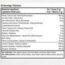 Nutritional label with medicinal ingredients and their quantities per scoop on a white background.