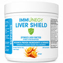 Container of Immunezy Liver Shield supplement with orange slices on a white background