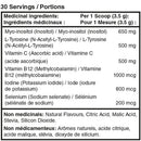 Nutritional label with medicinal and non-medicinal ingredients for a supplement.