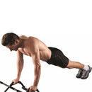 Iron Body Fitness Door Gym in the push-up position with a man doing push-ups.