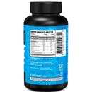 Supplement bottle with blue label and black cap on a white background