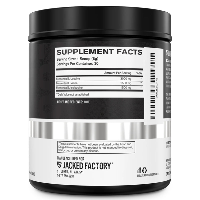 Supplement container with label showing 'Jacked Factory' branding on a white background