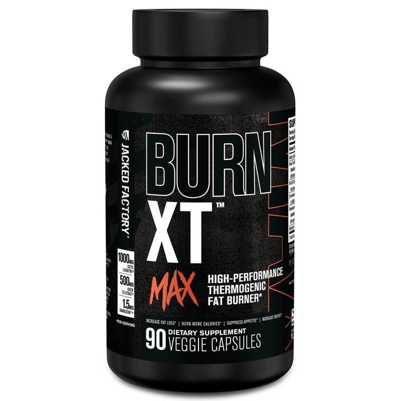 Black supplement bottle labeled 'Burn XT Max' on a white background