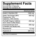 Supplement facts label with various ingredients and their amounts per serving.