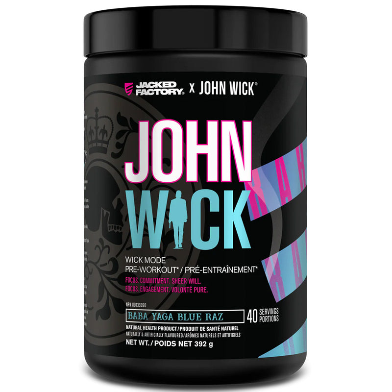 John Wick pre-workout supplement container with black and colorful design