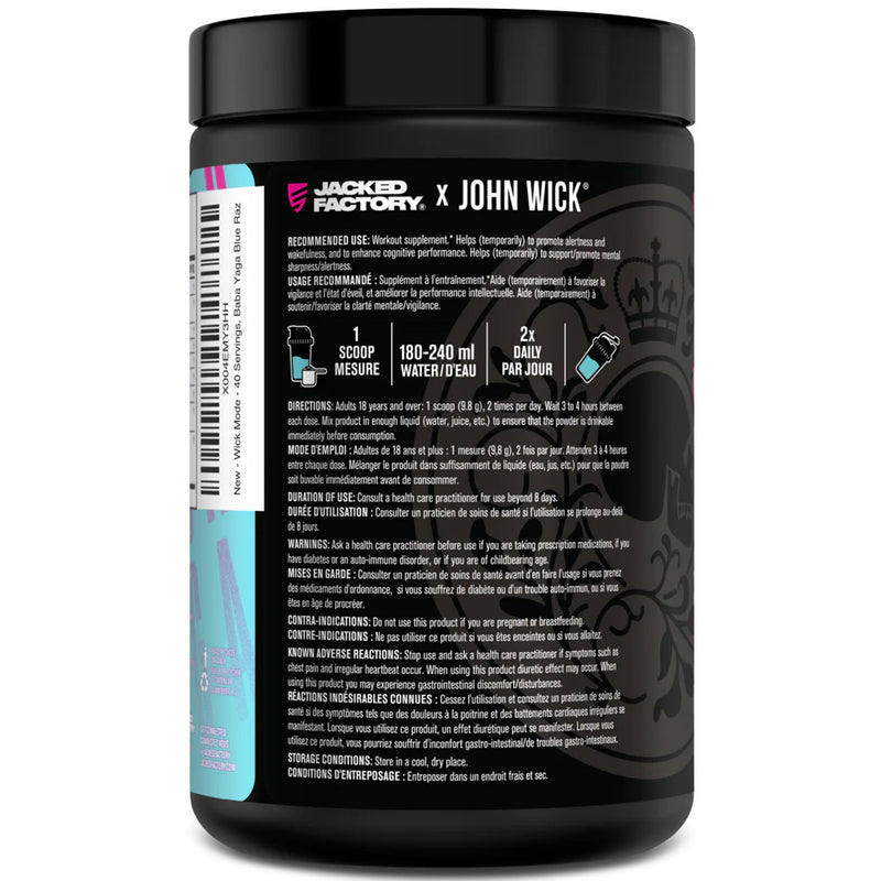 Supplement container with Jacked Factory and John Wick branding on a white background